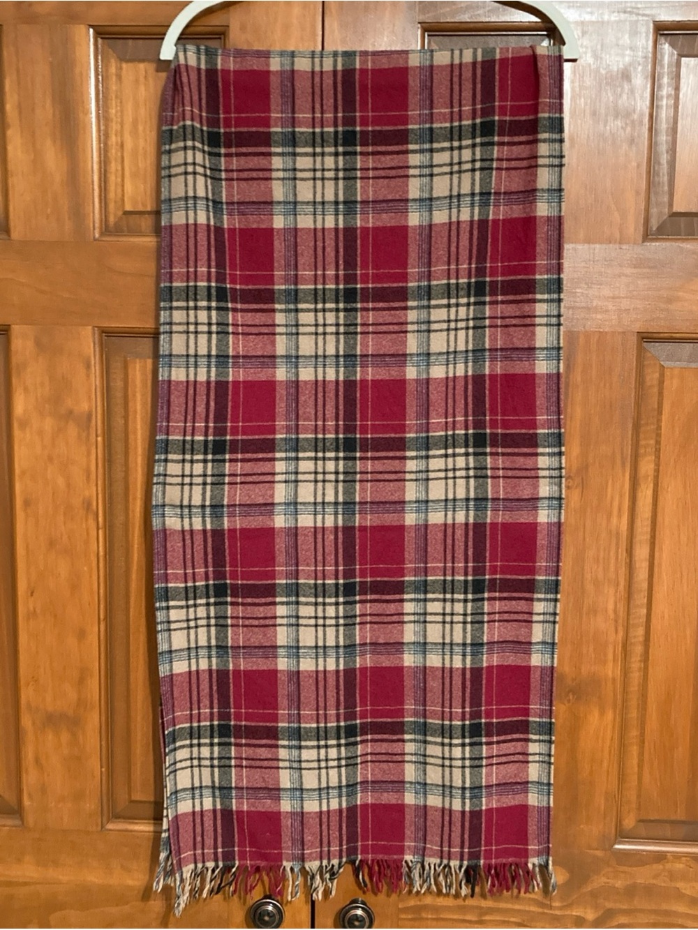 Vintage Pendleton Red and Cream Plaid virgin wool Tartan Scarf fringe 18” X 72”